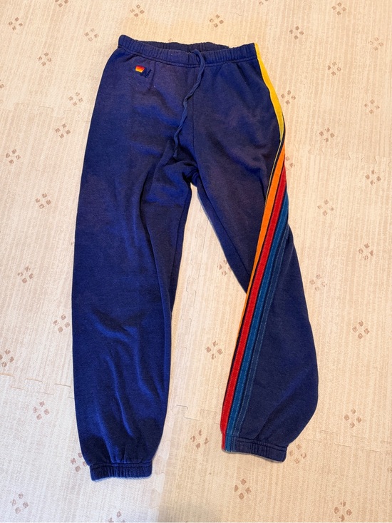 Aviator Nation Pants - Aviator Nation Navy Track Pants with Rainbow Side Stripes some discoloration